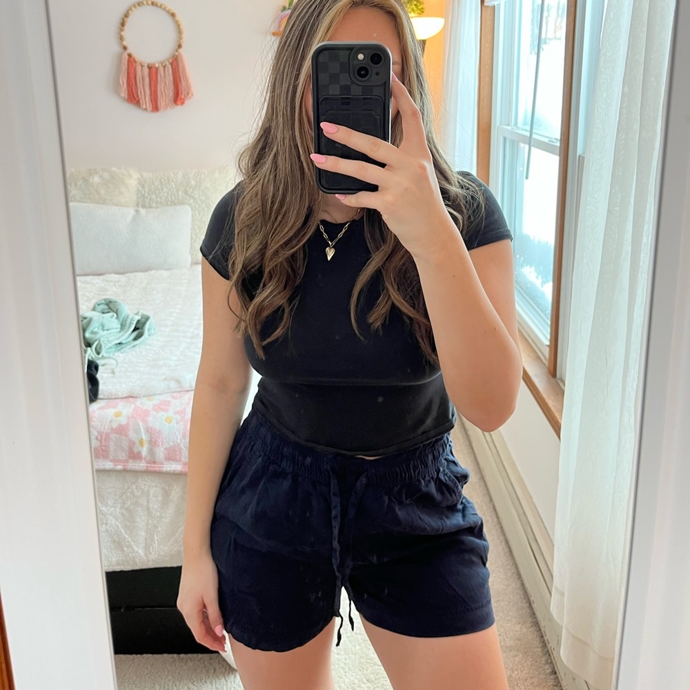 Navy Blue Linen Tie Shorts